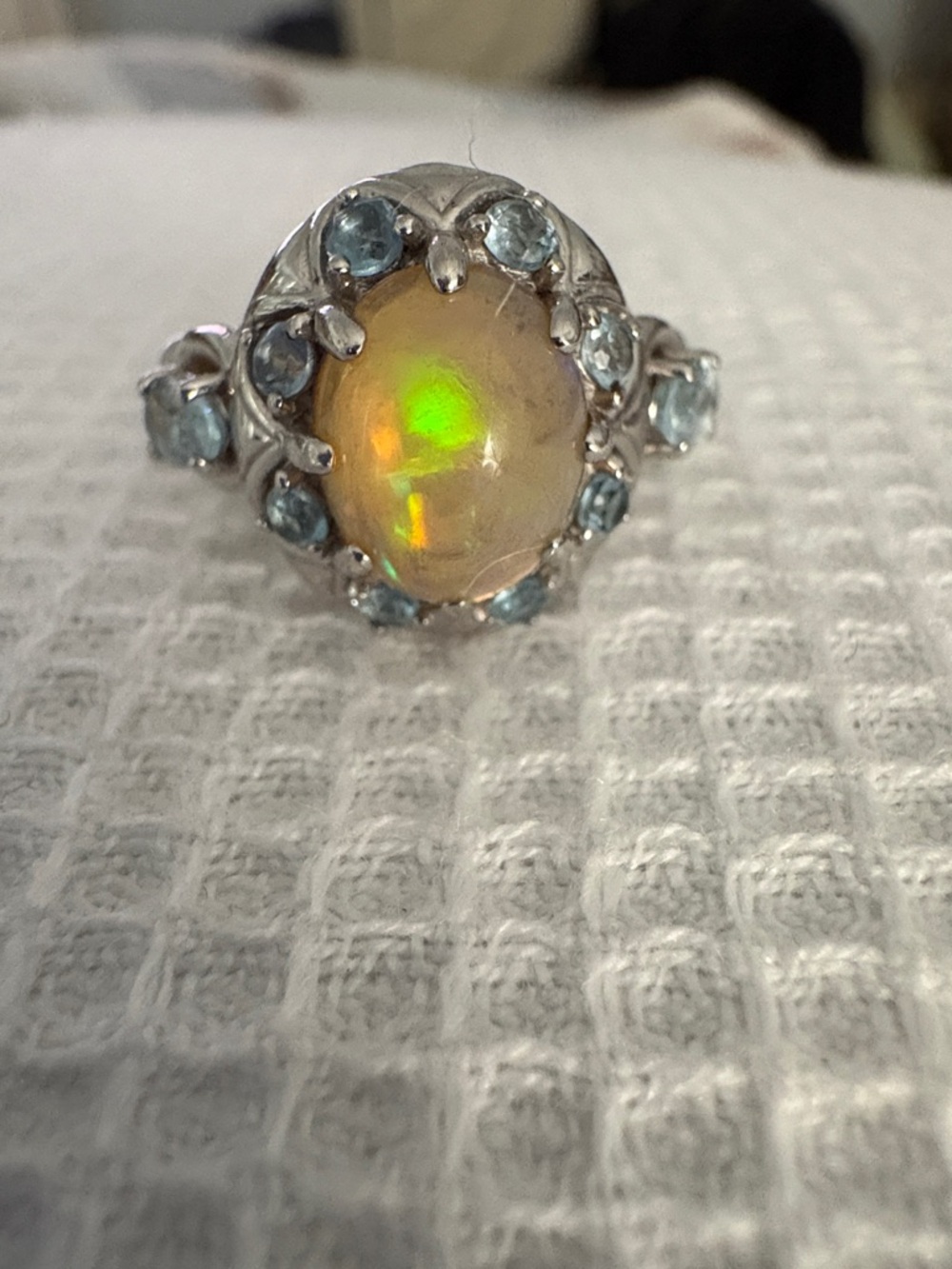 Sterling Ethiopian Opal Halo Ring with Blue Accent Stones sz 6